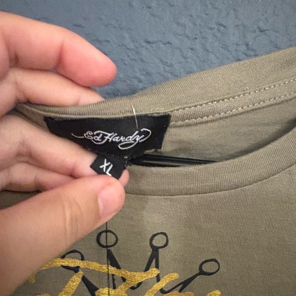 Ed Hardy Olive Green Tattoo Graphic Long Sleeve Top - Picture 3 of 4